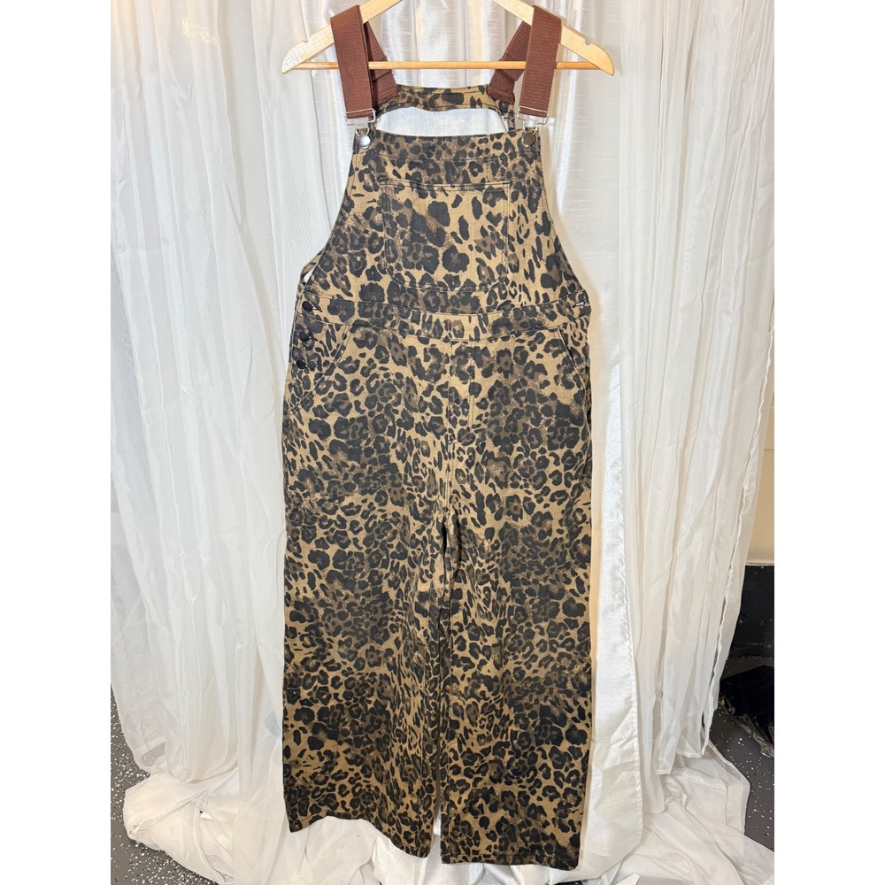 Cider Overalls Women XL Brown Leopard Print Wide Leg Denim Dungarees Animal Bib